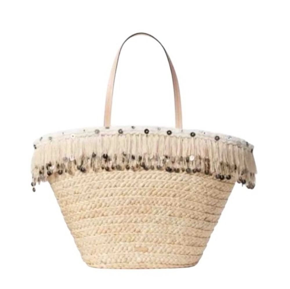New NWT Kate Spade ♠️ Fringe Marketa Do It All Straw Large Tote Bag - Picture 3 of 9